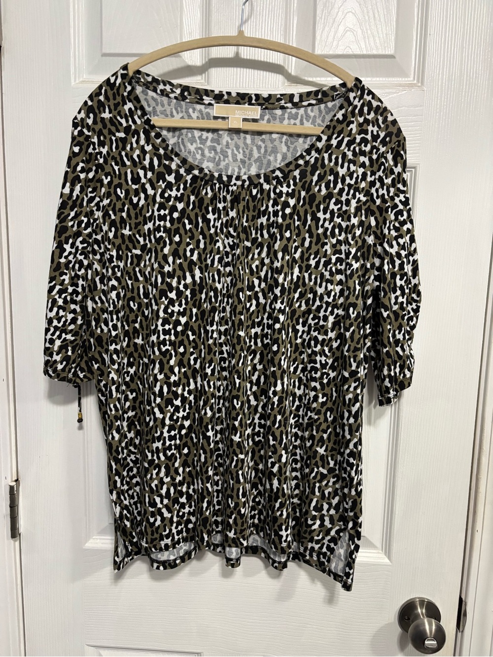 Michael Kors Olive and Black Leopard Print Short Sleeve Top